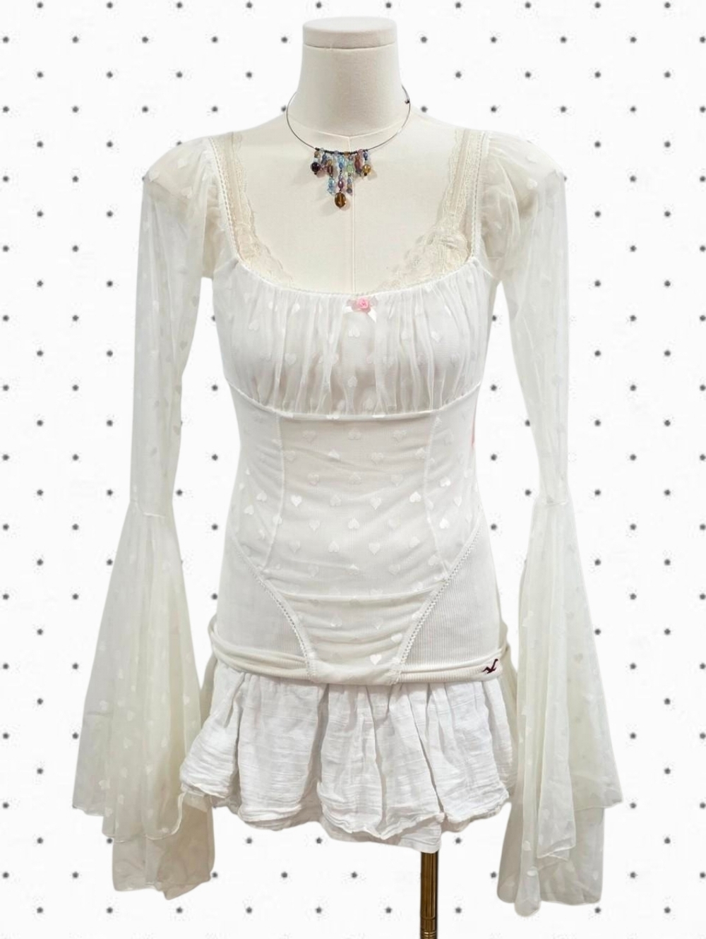Dolls kill sugar thrillz white heart print mesh long sleeve body suit